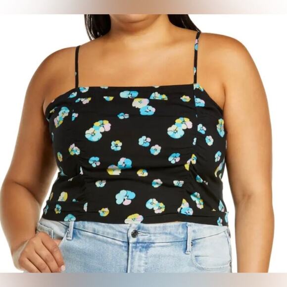 Nordstrom BP Women’s Floral Ruched Spaghetti Strap Cropped Cami Sz S Black Multi - Picture 1 of 7